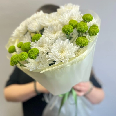 Эксклюзивный букет «Филин Грин» – сочетание белых и зеленых хризантем Багратионовск Калининградская область