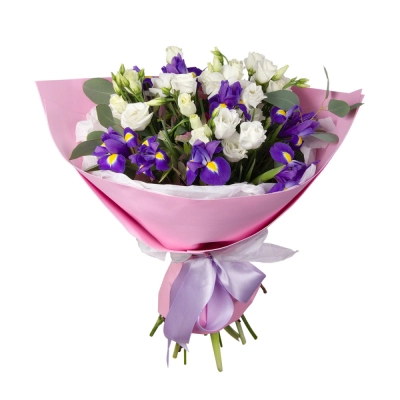 Букет «Подарок» – элегантная композиция из ирисов, эустом и эвкалипта Багратионовск Калининградская область