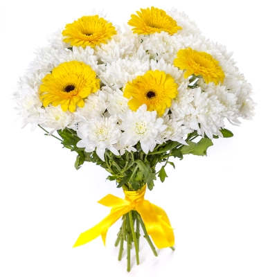 Солнечный букет из желтых гербер и белых хризантем – радость в каждом лепестке Багратионовск Калининградская область