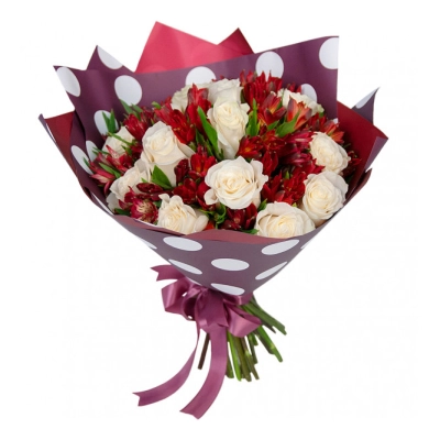 Букет из белых роз и красных альстромерий – гармония страсти и чистоты Багратионовск Калининградская область