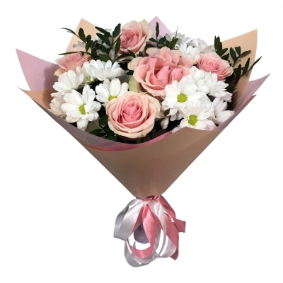 Букет из розовых роз и хризантем – нежность и долговечность Багратионовск Калининградская область